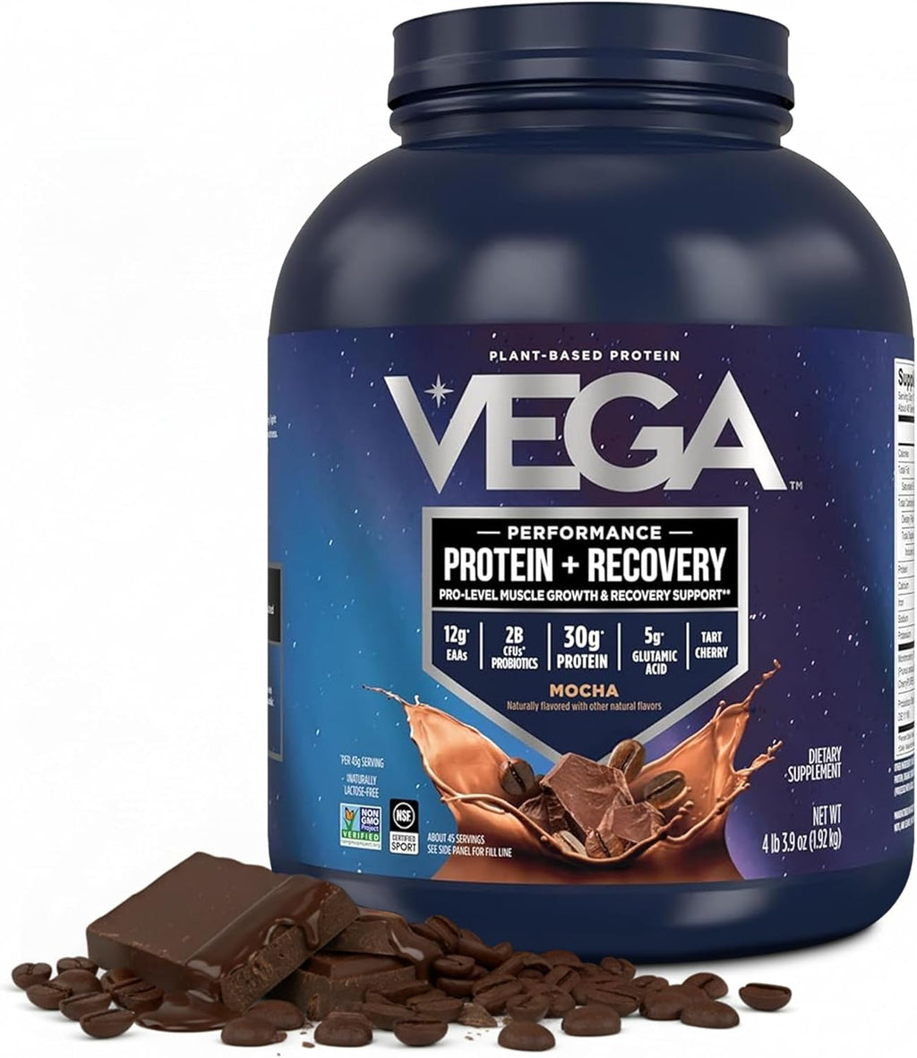 Vega Protein + Recovery, Mocha – 30g Vegan Protein, Dairy & Gluten Free, Probiotics, NSF Certified, 67.2 oz (45 Servings)
