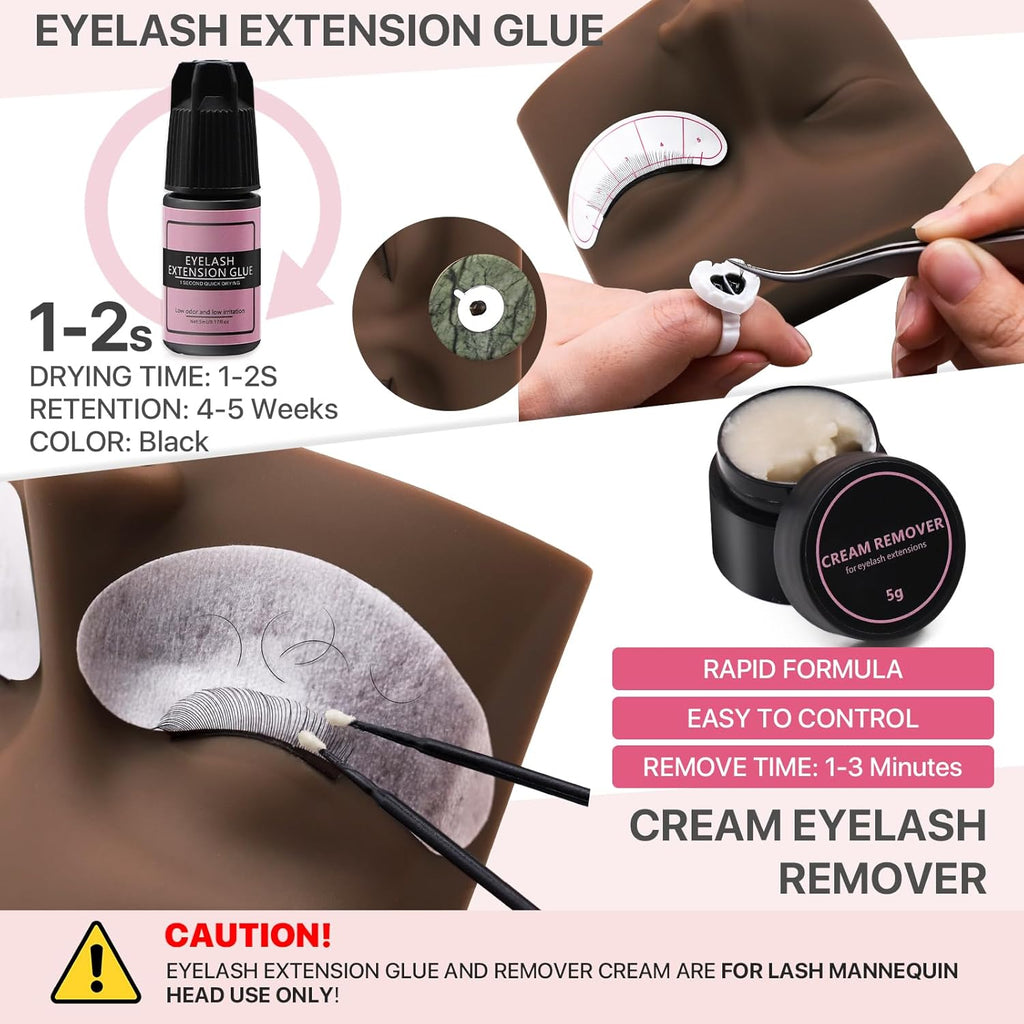 Pretty memory Eyelash Extension Kit for Beginners, 343 Pcs Lash Extension Kit with Everything Includes 2 Mannequin Heads Facial Mister Tweezers Glue USB Fan for Practice Training, Black