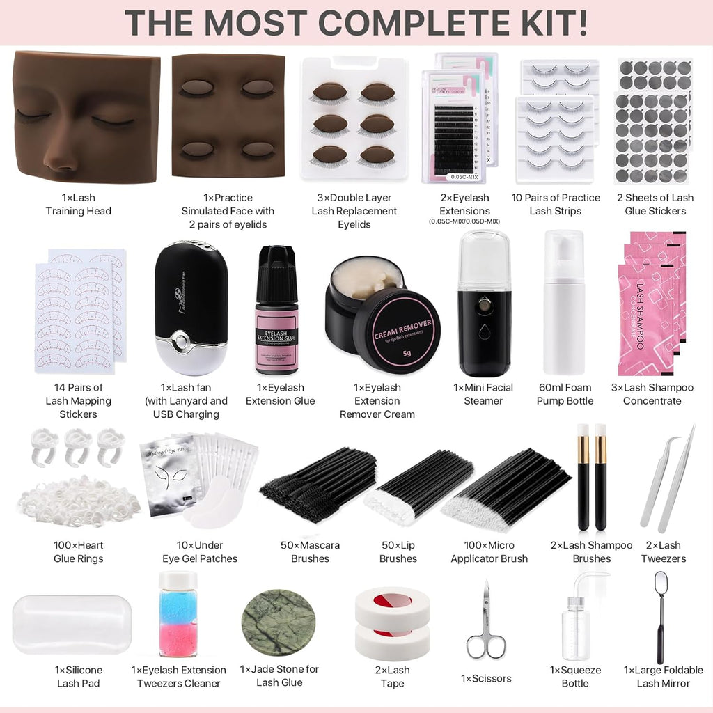 Pretty memory Eyelash Extension Kit for Beginners, 343 Pcs Lash Extension Kit with Everything Includes 2 Mannequin Heads Facial Mister Tweezers Glue USB Fan for Practice Training, Black