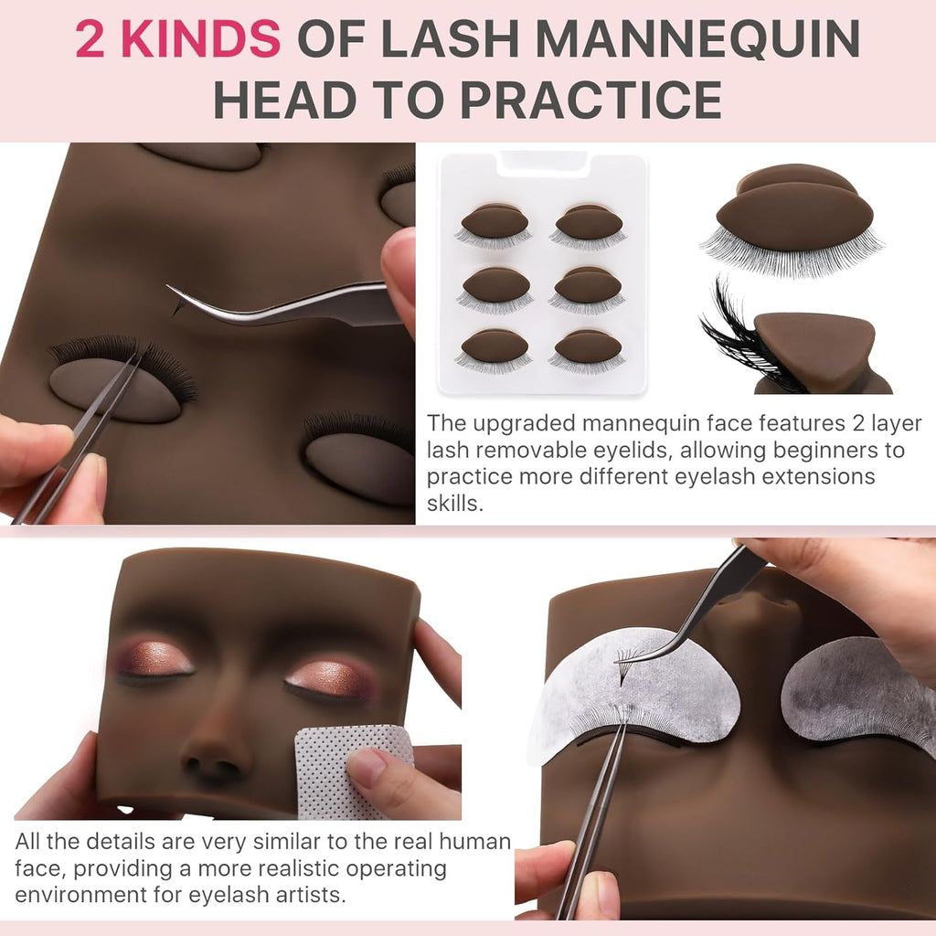 Pretty memory Eyelash Extension Kit for Beginners, 343 Pcs Lash Extension Kit with Everything Includes 2 Mannequin Heads Facial Mister Tweezers Glue USB Fan for Practice Training, Black