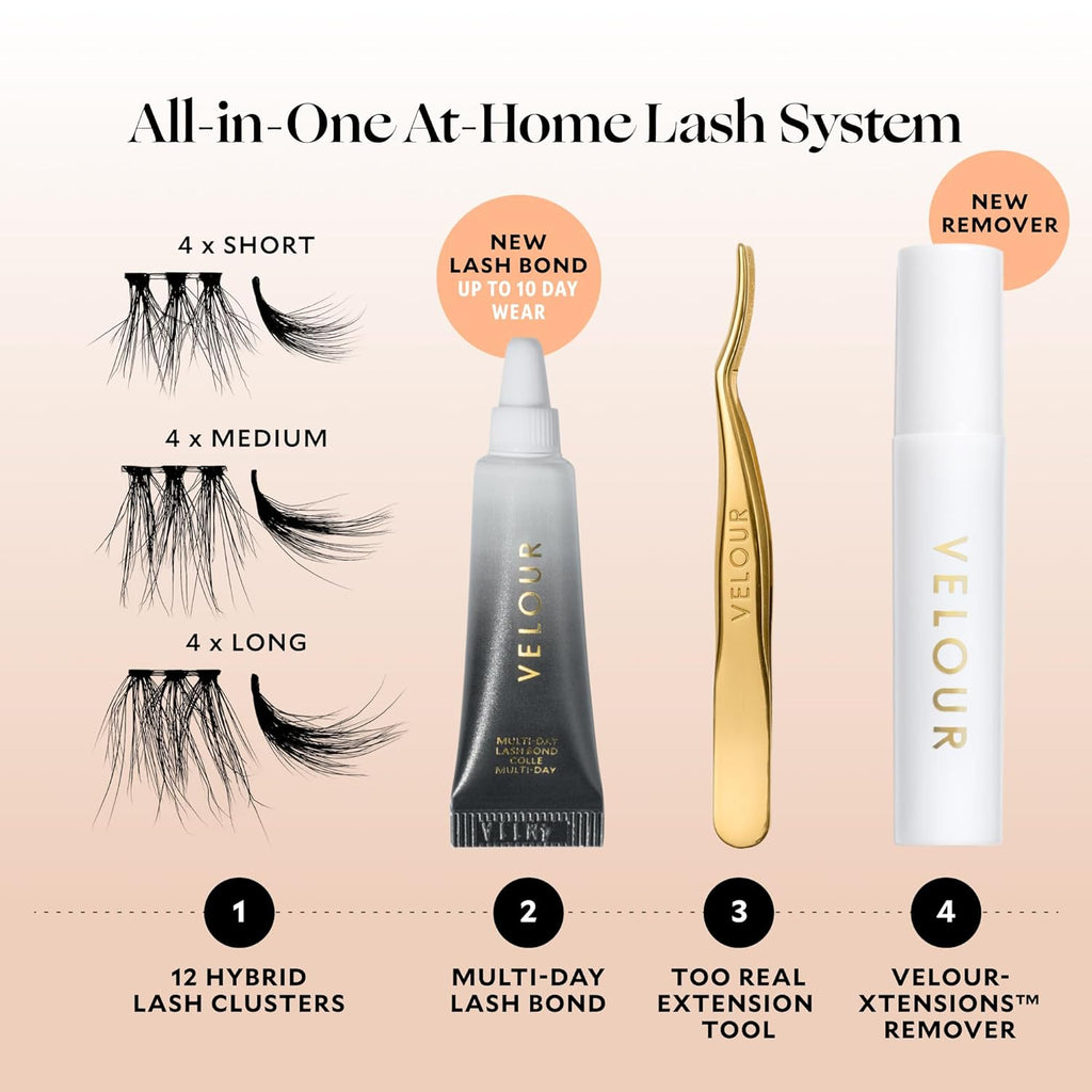Velour-Xtensions™ Kit, DIY Lash Extension Kit with Lash Clusters, Eyelash Extension Kit at Home, Reusable Lash Extension Clusters, Cluster Lashes Short Medium Long, Lash Bond and Tool Included
