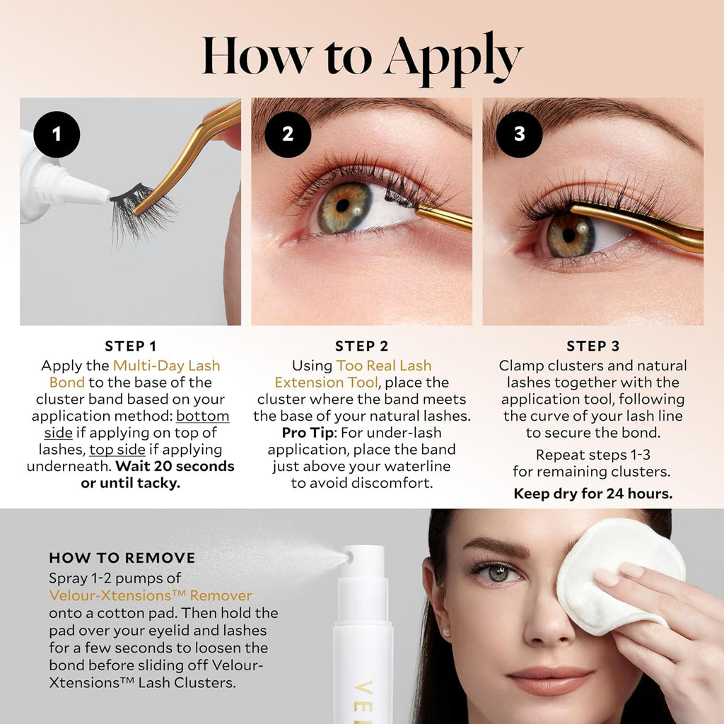 Velour-Xtensions™ Kit, DIY Lash Extension Kit with Lash Clusters, Eyelash Extension Kit at Home, Reusable Lash Extension Clusters, Cluster Lashes Short Medium Long, Lash Bond and Tool Included