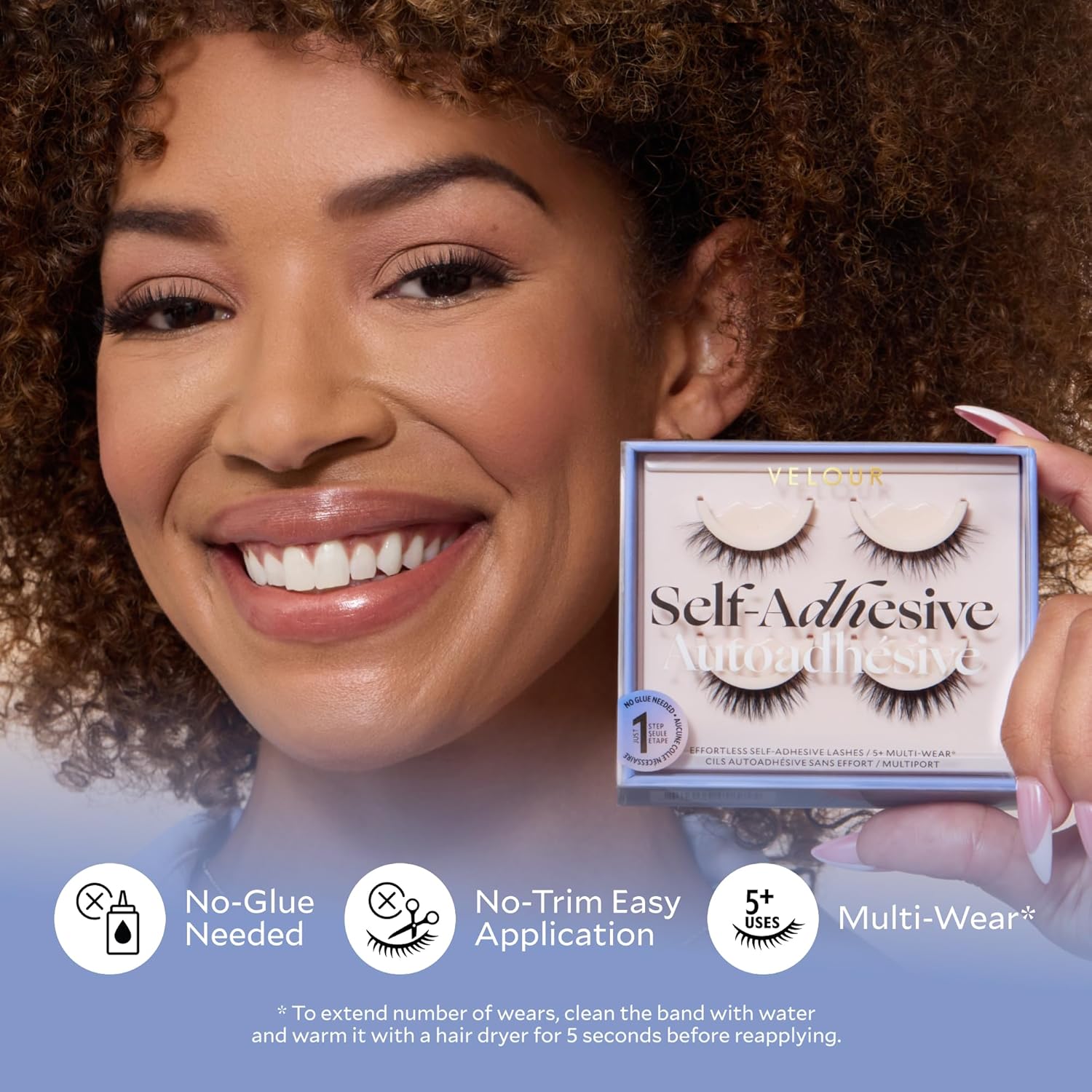 Velour Effortless Self Adhesive Eyelashes (2-Pack), Reusable Pre Glued Strip Lashes, No Trim Needed Lash Strips, Press On Eyelashes No Glue Needed, Lightweight Adhesive Eyelash Strips