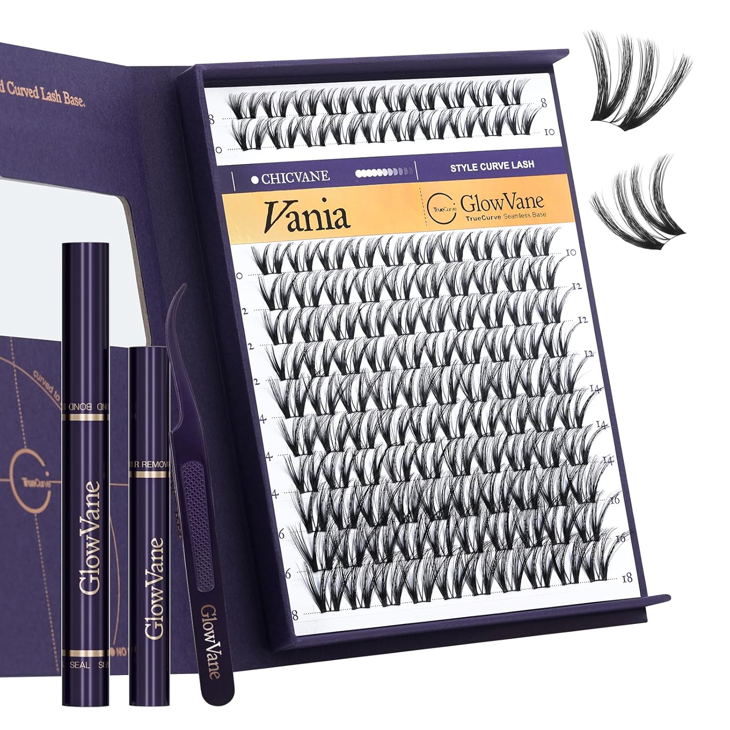 DIY Lash Extension Kit with Curved Lash Clusters, Bond and Seal, Applicator Tweezers, Easy At Home Eyelash Extension Kit for Natural Wispy Volume Look(Vania Kit-V1)