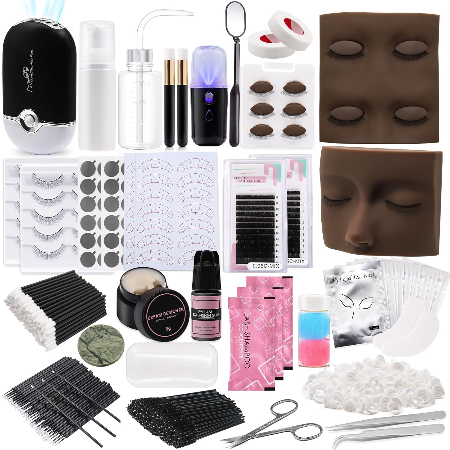 Pretty memory Eyelash Extension Kit for Beginners, 343 Pcs Lash Extension Kit with Everything Includes 2 Mannequin Heads Facial Mister Tweezers Glue USB Fan for Practice Training, Black