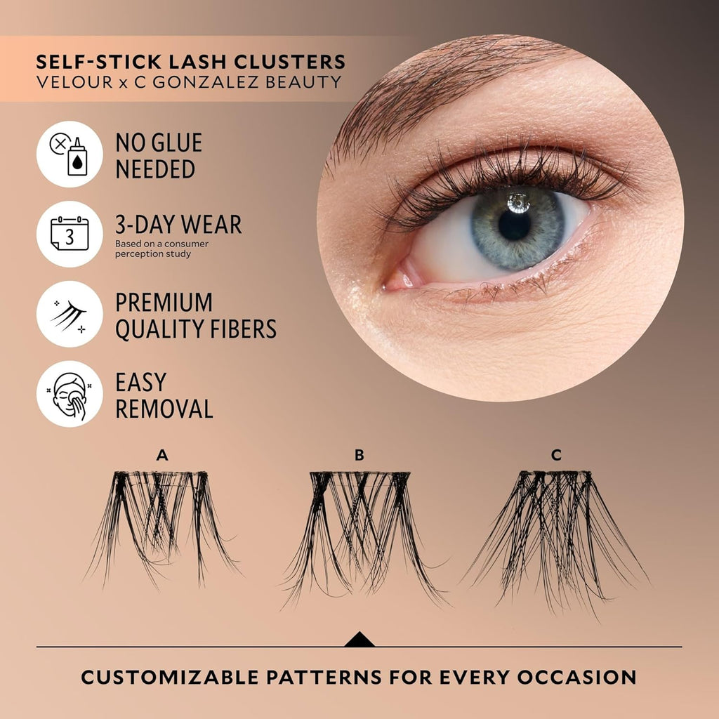 Velour x CGonzalez Beauty Self-Stick Lash Clusters, Self Adhesive Eyelashes, 18 Eyelash Clusters