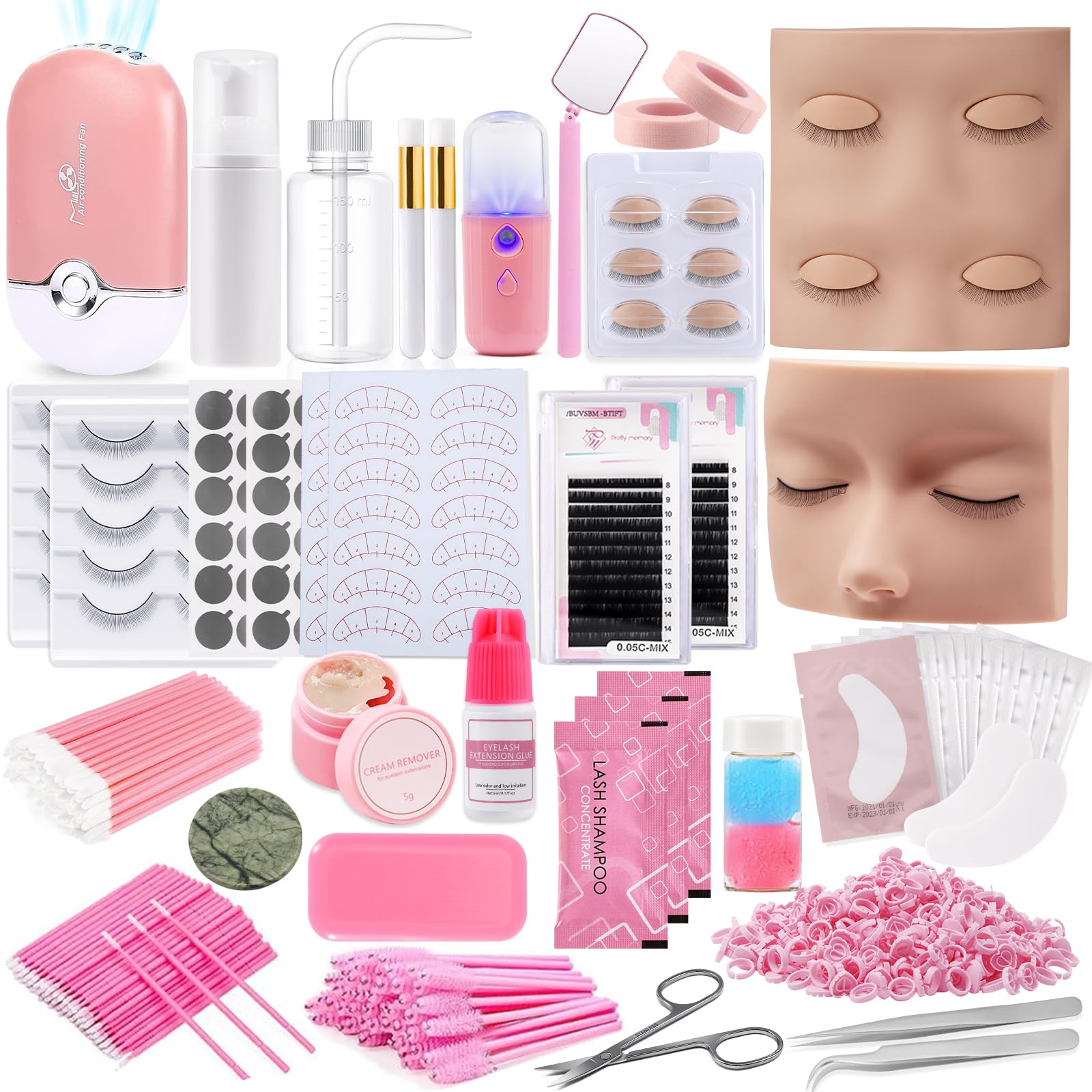 Pretty memory Eyelash Extension Kit for Beginners, 343 Pcs Lash Extension Kit with Everything Includes 2 Mannequin Heads Facial Mister Tweezers Glue USB Fan for Practice Training, Black